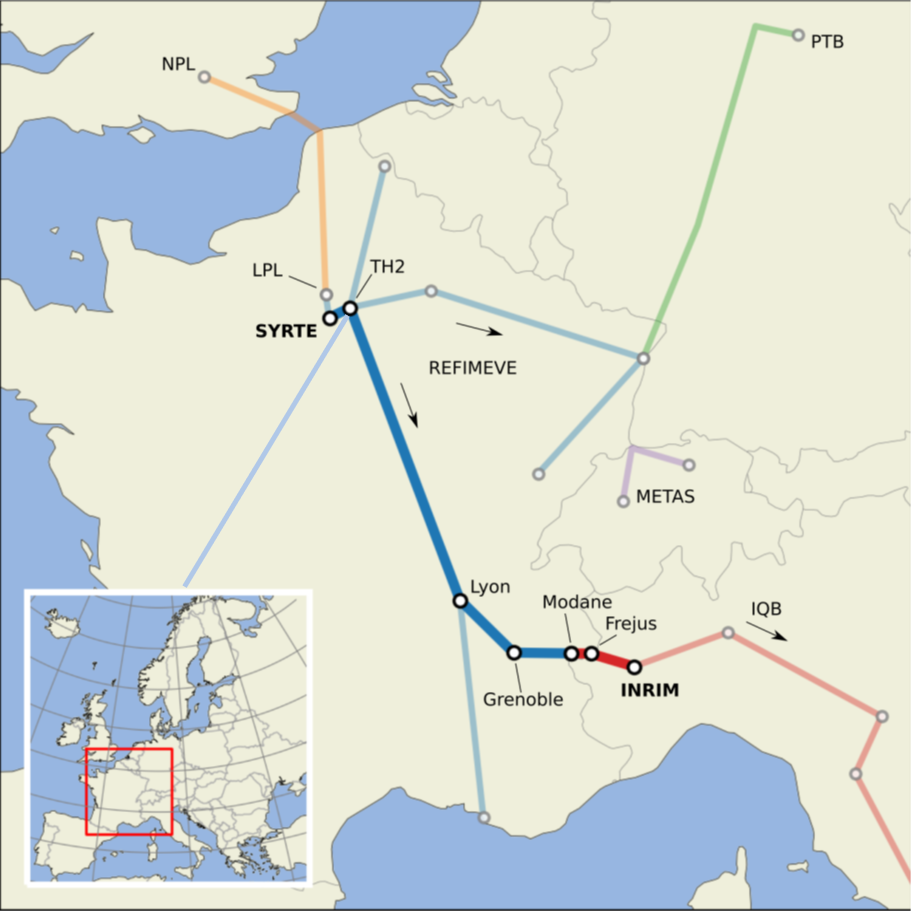 Schéma des liaisons par fibre optique permettant de transférer des signaux ultrastables de temps et de fréquence en France et dans les pays voisins. La liaison franco-italienne s’appuie sur l’infrastructure nationale de recherche REFIMEVE entre Paris et Modane.