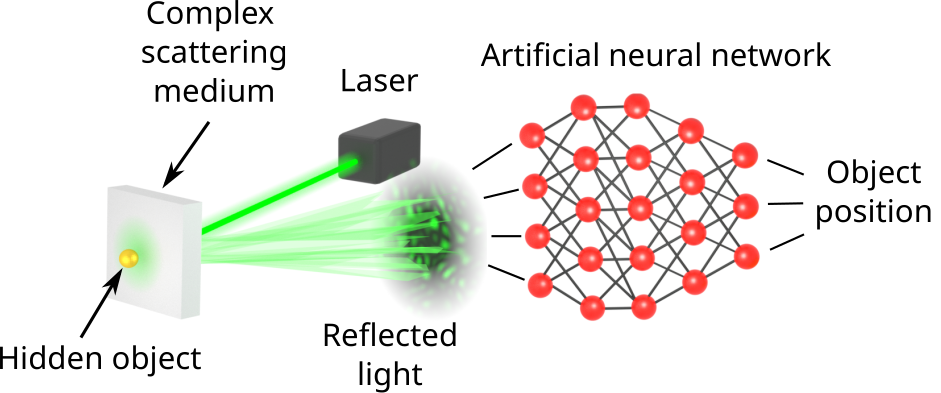 Figure : Principe de l’expérience, dans laquelle une cible réfléchissante est placée derrière un milieu diffusant complexe. L’objectif est de déduire sa position à partir de la lumière réfléchie à l'aide d'un réseau de neurones artificiel, et de comparer la précision des prédictions du réseau à la limite de précision ultime calculée à l'aide de l’information de Fisher.