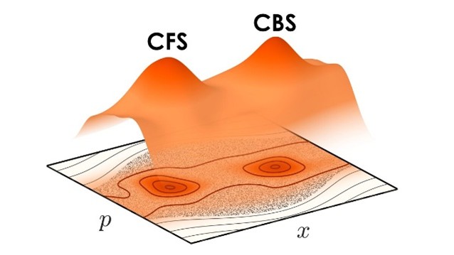 Figure : Visualisation des pics de diffusion coh&eacute;rente vers l&rsquo;avant (CFS) et de r&eacute;trodiffusion coh&eacute;rente (CBS) mesur&eacute;s sur l&rsquo;onde de mati&egrave;re &agrave; une dimension (axe x).