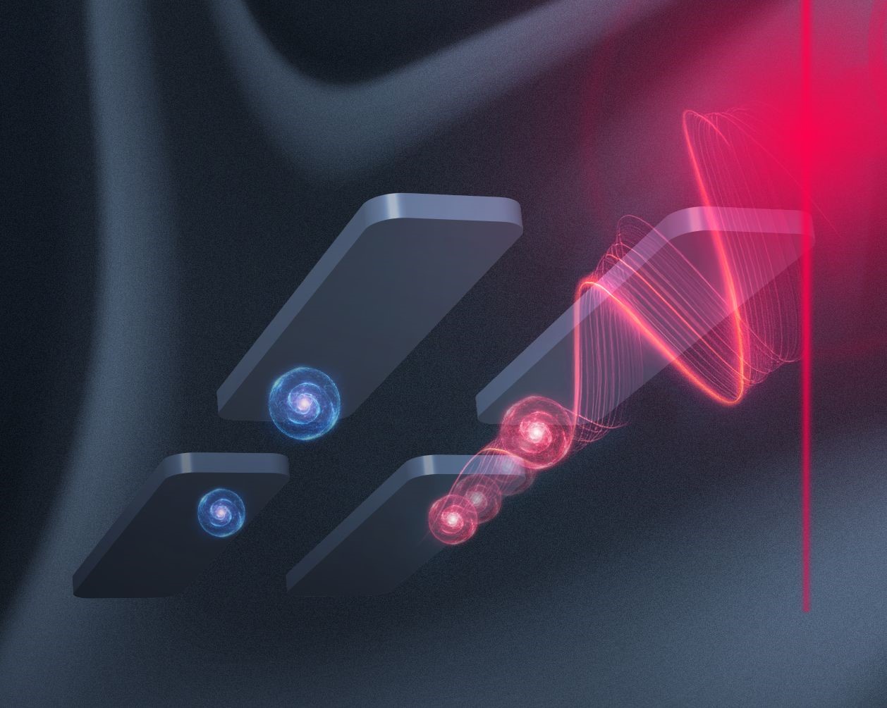 Vu d’artiste d’un réseau de quatre boites quantiques en interaction. Le signal microonde représentée par l’onde rouge interroge la présence et le spin des électrons piégés sous les électrodes.