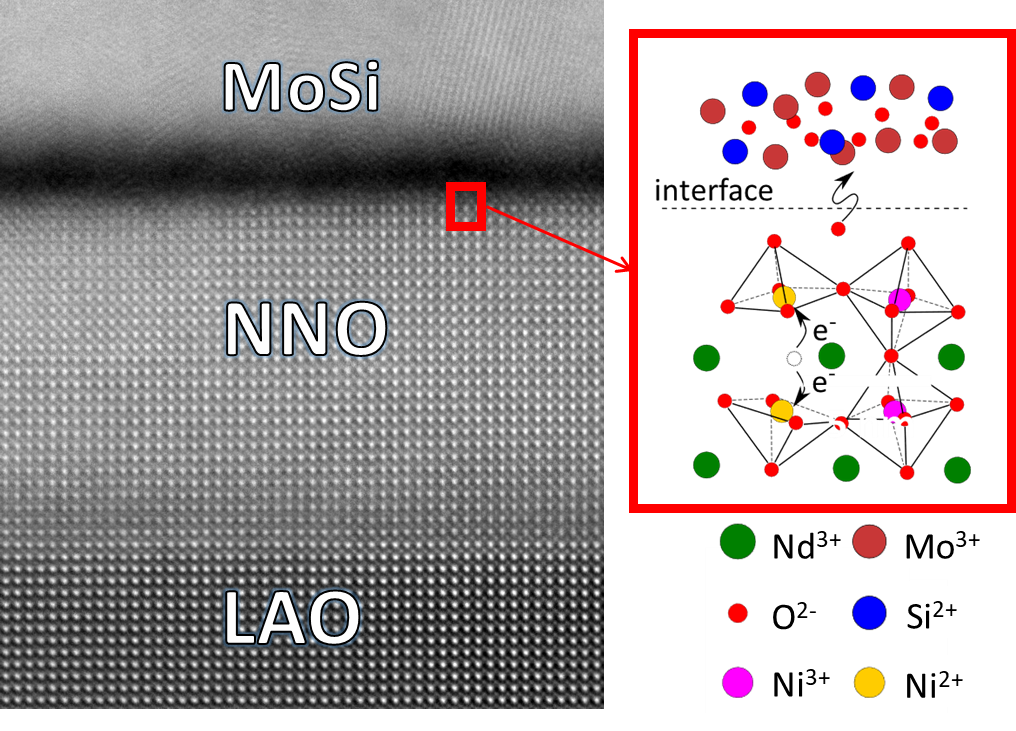 Légende : Un échange réversible d'oxygène à l'interface entre un métal amorphe (MoSi) et un oxyde fortement corrélé (NNO) produit de forts effets de commutation résistive. La transition métal-isolant caractéristique de l'oxyde fortement corrélé (NNO) interagit avec ce mécanisme d'oxydoréduction, conduisant à un comportement unique qui ouvre de nouvelles voies pour imiter les fonctions neuromorphiques en exploitant le contrôle par champ électrique des états corrélés. 