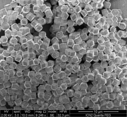 Figure 2: échantillon de poudre vu par microscopie électronique (chaque grain visible comporte des nanopores non visibles). (Crédit : LIPhy)