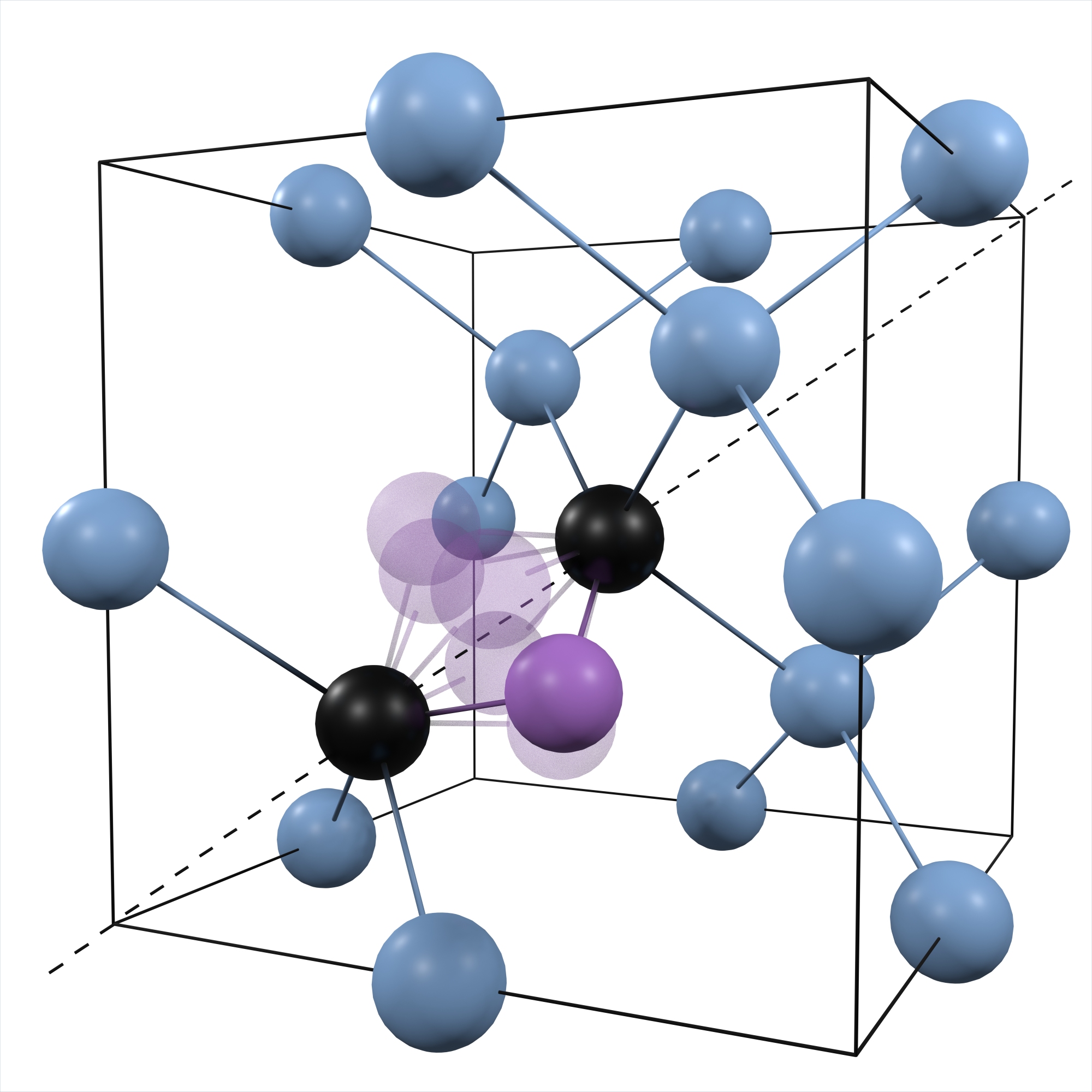 Vue d'un centre G dont l'atome central saute d'un site à l'autre. Les atomes de carbone apparaissent en noir, l'atome de silicium interstitiel en violet et les autres atomes de silicium du cristal en bleu.