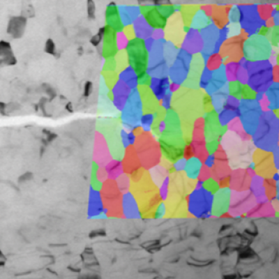 Ultra-fine grain aluminum observed under transmission electron microscopy showing a crack propagating in an area where all crystal domains with different orientations (the “grains”) are identified by color. As they move, the interfaces between these domains (the “grain boundaries”) carry a small deformation that can blunt the crack.