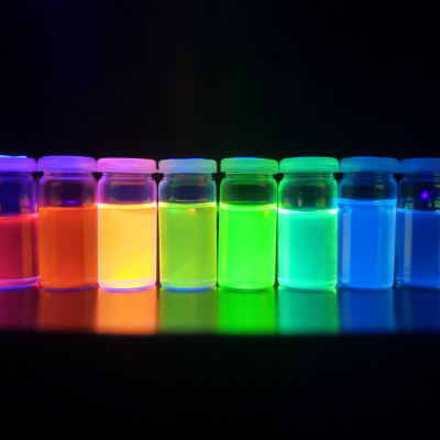 Composés luminescents en solution sous éclairement ultraviolet.