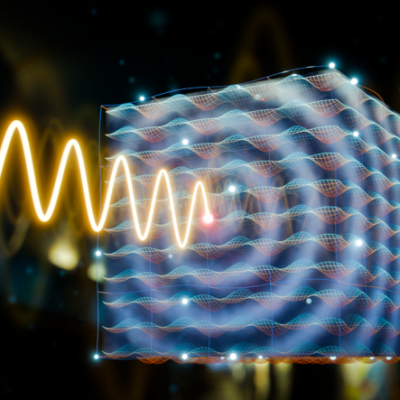 Vue d’artiste. Une onde électromagnétique terahertz produit une modulation forte et rapide des propriétés optiques du matériau. Un cristal photonique temporel.