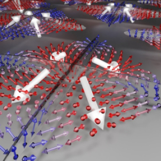 Vision artistique du contrôle magnétoélectrique de textures de spin antiferromagnétiques (petites doubles flèches colorées) par les domaines ferroélectriques concentriques (flèches blanches)