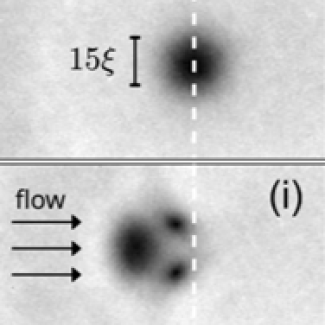 Obstacle optique dans un flux de lumière superfluide. En haut, le calme règne : tant que la vitesse reste faible, le fluide « glisse » sans aucune friction, rendant l’obstacle « invisible » pour l’écoulement. Mais dès que la vitesse critique est franchie, en bas, la superfluidité s’effondre par l’émission d’une paire de tourbillons quantifiés dans le sillage de l’obstacle. De manière surprenante, l'obstacle remonte alors le courant, propulsé par les vortex qu'il laisse derrière lui.