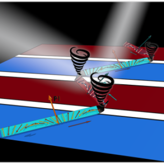 Dessin schématisant l’ordre électrique par des bandes bleues et grenat et l’ordre magnétique par des flèches alternées (les spins) se "propageant" en forme de cycloïde (sur des traces en cyan dans les bandes bleues et en rouge dans les bandes grenat).