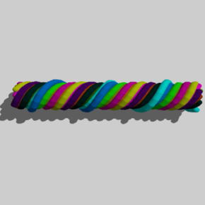 Vue d’un ensemble fibres torsadées utilisées pour les simulations numériques (fait avec le logiciel POV-Ray). 