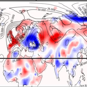 Carte de fluctuations de température (couleurs, en Kelvin) et de fluctuations de la hauteur du géopotentiel à 500 hPa (contours, mètres), dans l’hémisphère nord, dans une simulation par un modèle de climat. 