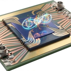 Artist’s view of the atom chip used at the University of Basel and of three entangled Bose–Einstein condensates serving as local sensors.