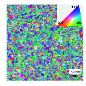 Cartographie des orientations cristallines de la couche mince de polysilicium dopée au phosphore, observée par microscopie électronique en vue plane