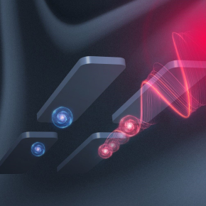 Artist's rendering of a network of four interacting quantum dots. The microwave signal represented by the red wave probes the presence and the spin of electrons trapped under the electrodes.