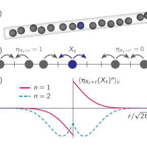 Diffusion d’un traceur (en bleu) dans un système en file indienne dans lequel les particules ne peuvent pas se doubler : (a) visualisation du confinement unidimensionnel tel qu’il peut apparaître dans un milieu poreux ou un nanotube, (b) processus d’exclusion symétrique : chaque site est occupé par au plus une particule et les flèches indiquent les déplacements possibles du traceur et des autres particules à un instant donné.