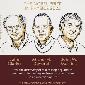 Lauréats du Prix Nobel de physique 2025 : John Clarke, Michel Devoret et John Martinis pour la découverte de l'effet tunnel quantique macroscopique et de la quantification de l'énergie dans un circuit électrique.